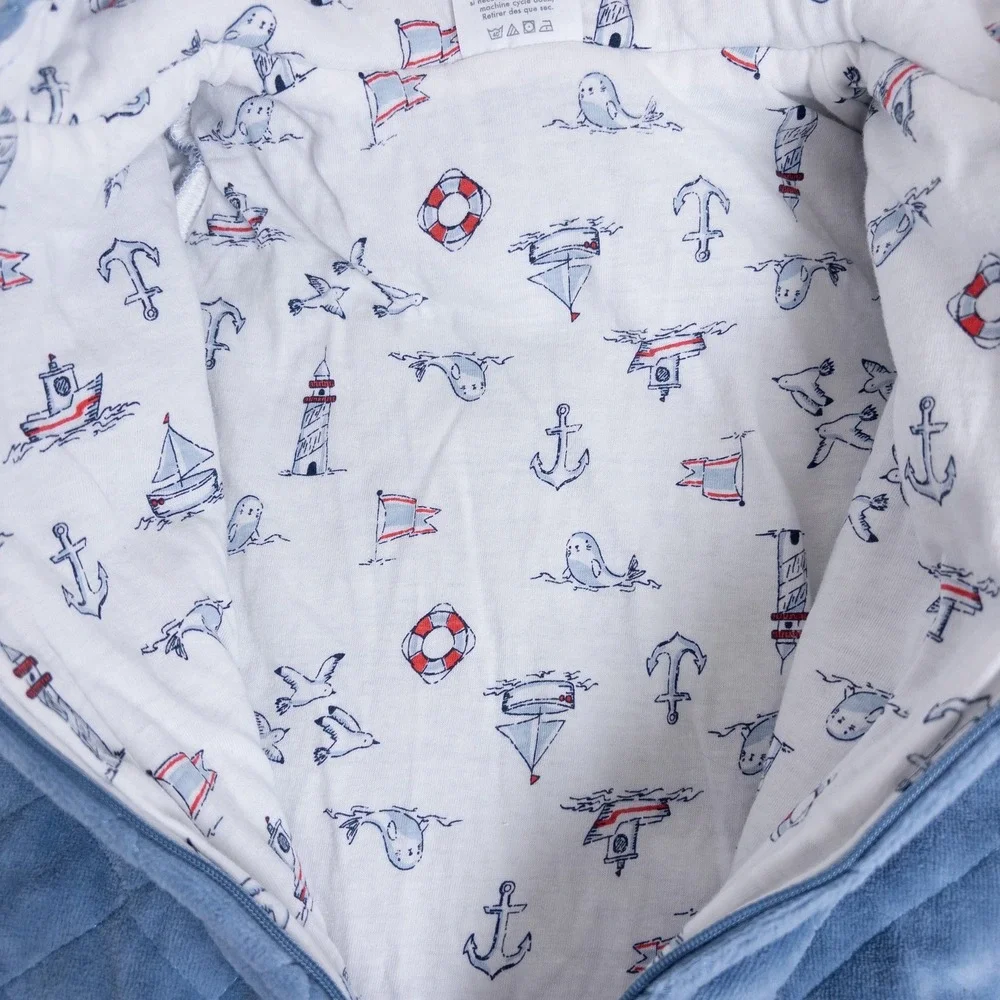 Laura Ashley Pram Suit Baby‎ 6-9M Blue Quilted Velour Nautical Hooded Outerwear